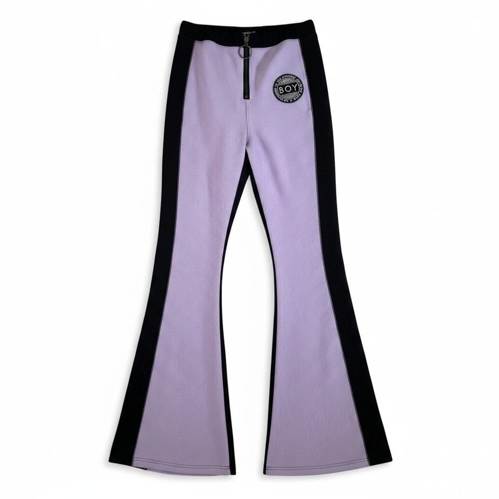 NWT Boy London Women Y2K Flared Yoga Pants Ribbed Lilac Black Colorblock XS Cozy